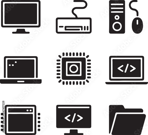 Collection of Computer and Technology Icons Desktop, Laptop, CPU, and More