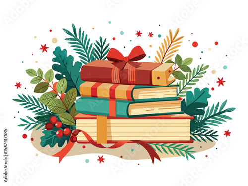 Stack of books tied with a red ribbon and decorated with festive foliage and berries isolated on white background
