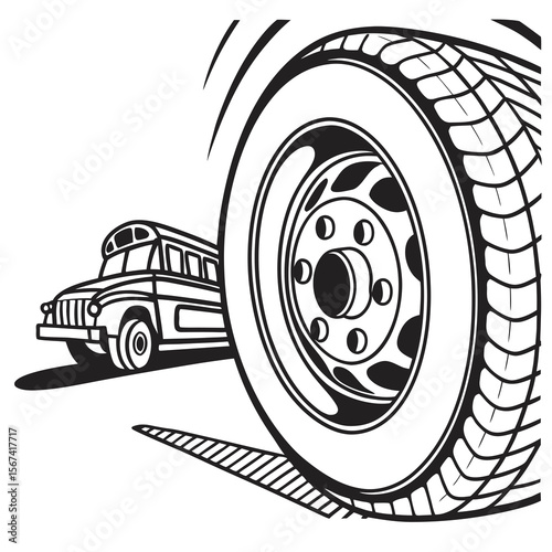 Cartoon School Bus with a Large Tire in Black and White Illustration