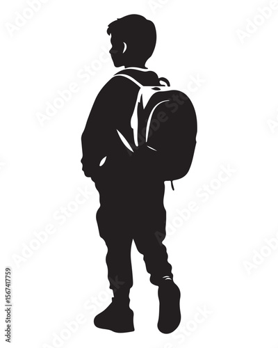 Isolated silhouette of a boy walking with a school bag, Anime schoolboy silhouette with backpack, Silhouette of a Boy with Backpack Vector for Educational Designs