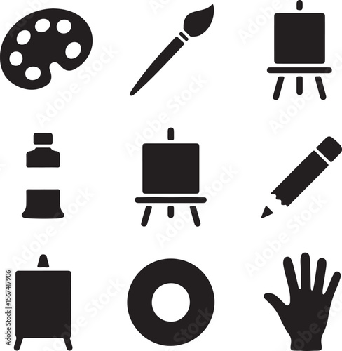 Art Supplies Icons Palette, Brush, Easel, Paint Tube, Pencil, and More