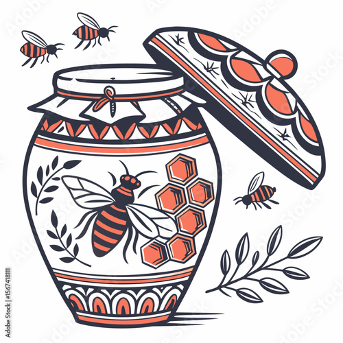 Vintage Honey Jar with Bees and Honeycomb Illustration in Orange and Black