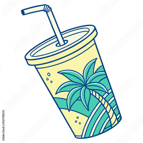 Tropical Drink with Palm Tree Design in Light Yellow and Teal Colors