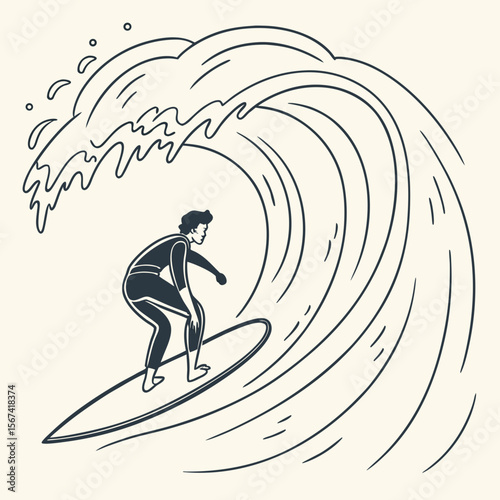 Monochrome Illustration of a Surfer Riding a Large Wave in the Ocean