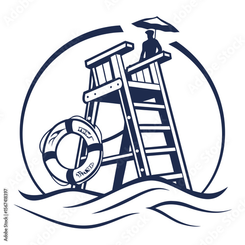 Lifeguard Tower with Lifeguard and Lifebuoy in a Circular Beach Scene