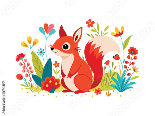 Cute cartoon squirrel sitting amongst colorful flowers and plants isolated on white background
