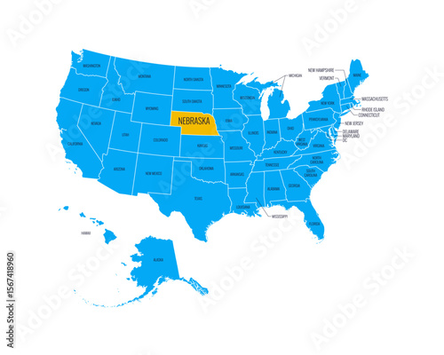 USA Map with state names, highlighted at Nebraska. Easy to edit vector