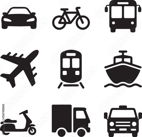 Transportation Icons Car, Bicycle, Bus, Airplane, Train, Boat, Scooter, Truck, Van