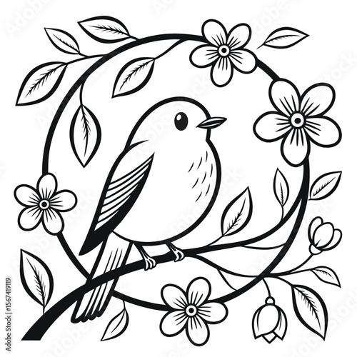 Black and White Bird on Branch with Flowers illustration