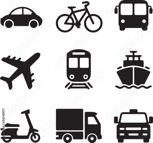 Transportation Icons Car, Bicycle, Bus, Airplane, Train, Ship, Scooter, Truck, Taxi