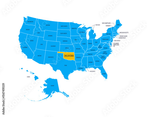 USA Map with state names, highlighted at Oklahoma. Easy to edit vector