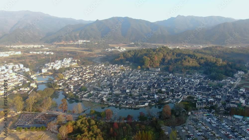 Aerial view of Hongcun in Anhui Province showcasing stunning traditional architecture and natural beauty