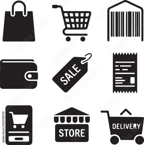 Essential Shopping Icons Cart, Bag, Wallet, Sale Tag, Receipt, and More