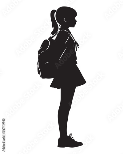 Isolated silhouette of a girl with school backpack going to school, Girl student silhouette isolated on white background, Kids graduate symbol, Education in back to school vector illustration