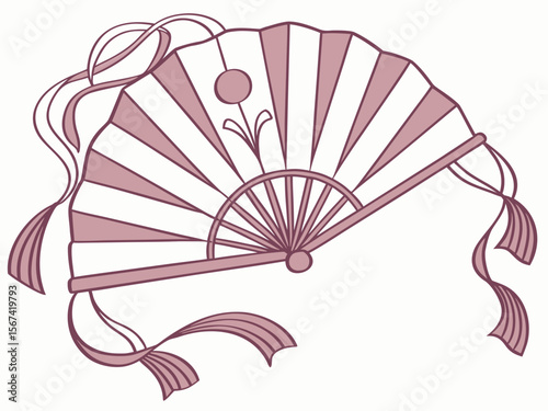Vibrant Decorative Open Hand Fan With Soft Flowing Ribbon Vector Illustration