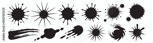 Explosion, crack, and bullet hole silhouettes in vector style. Damaged glass, shattered impact, and burst effects ideal for comic books, gaming, digital art, and action theme graphic design projects