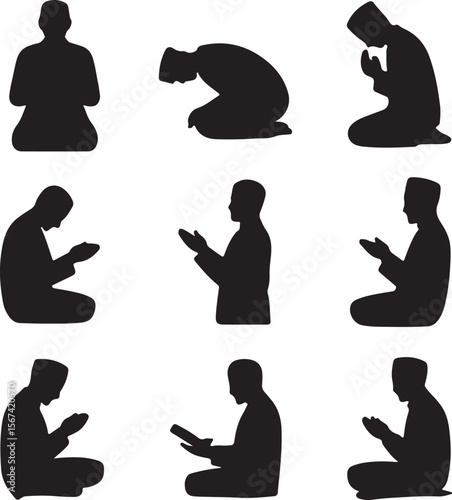 Muslim Men Praying Namaz Silhouette Vector Set


