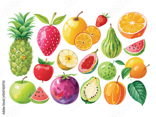Vibrant watercolor assortment of fresh exotic and common fruits isolated on white background
