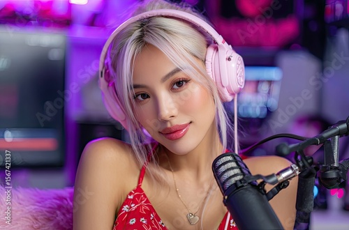 A young female YouTuber with blonde hair, live-streaming from her studio