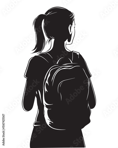 Isolated silhouette of a girl with school backpack going to school, Girl student silhouette isolated on white background, Kids graduate symbol, Education in back to school vector illustration