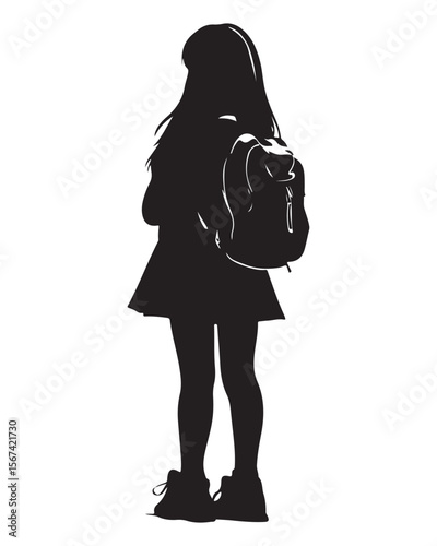 Isolated silhouette of a girl with school backpack going to school, Girl student silhouette isolated on white background, Kids graduate symbol, Education in back to school vector illustration