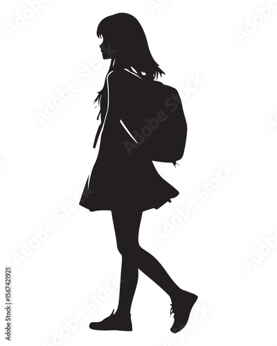 Isolated silhouette of a girl with school backpack going to school, Girl student silhouette isolated on white background, Kids graduate symbol, Education in back to school vector illustration