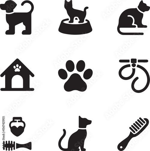 Dog and Cat Pet Icons  Paw Prints, House, Food Bowl, and More