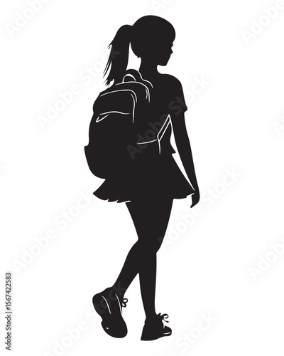 Isolated silhouette of a girl with school backpack going to school, Girl student silhouette isolated on white background, Kids graduate symbol, Education in back to school vector illustration