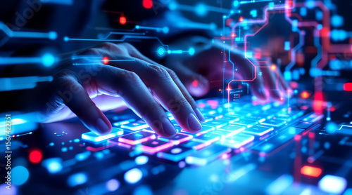 Hands Typing on Futuristic Illuminated Keyboard