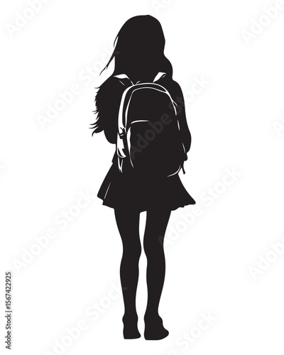 Isolated silhouette of a girl with school backpack going to school, Girl student silhouette isolated on white background, Kids graduate symbol, Education in back to school vector illustration