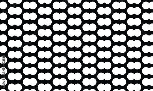 Abstract black and white repeating pattern of symmetrical double circles.