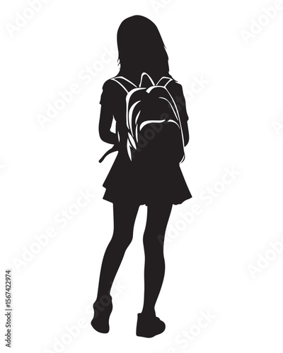 Isolated silhouette of a girl with school backpack going to school, Girl student silhouette isolated on white background, Kids graduate symbol, Education in back to school vector illustration