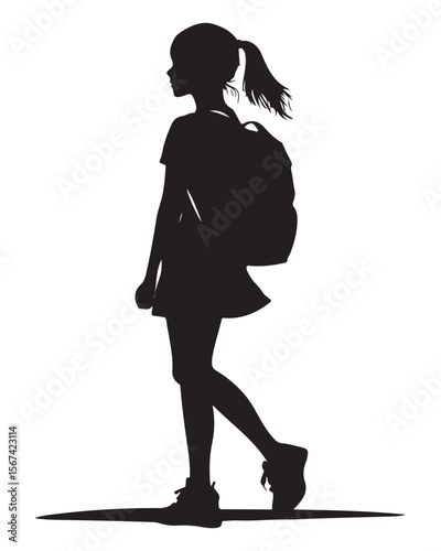 Isolated silhouette of a girl with school backpack going to school, Girl student silhouette isolated on white background, Kids graduate symbol, Education in back to school vector illustration