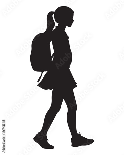 Isolated silhouette of a girl with school backpack going to school, Girl student silhouette isolated on white background, Kids graduate symbol, Education in back to school vector illustration