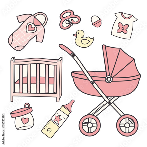 Baby items pink and yellow baby crib baby stroller