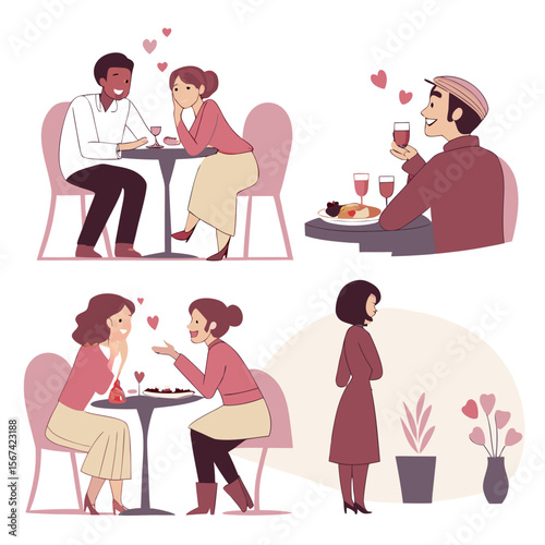 Couples dining and woman standing restaurant date
