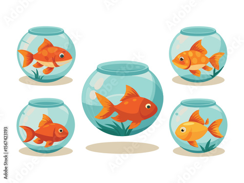 Five cute cartoon goldfish swimming in round glass bowls with green plants isolated on white background
