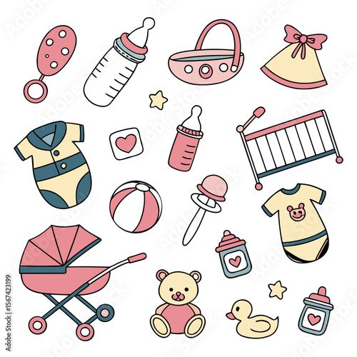 Cute baby items collection vector illustration