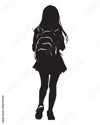 Isolated silhouette of a girl with school backpack going to school, Girl student silhouette isolated on white background, Kids graduate symbol, Education in back to school vector illustration