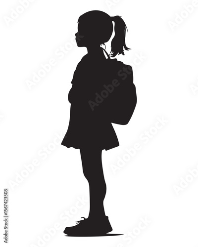 Isolated silhouette of a girl with school backpack going to school, Girl student silhouette isolated on white background, Kids graduate symbol, Education in back to school vector illustration