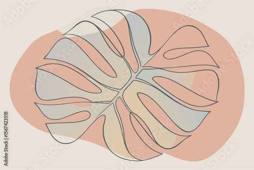 Minimalist one-line drawing of a Monstered leaf with abstract bohemian color shapes.