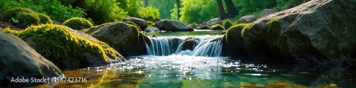 Crystal-Clear Spring Water Cascading Over Mossy Rocks in Sunlight, Serene Nature Scene Perfect for Tranquility, Environmental, and Travel Themes