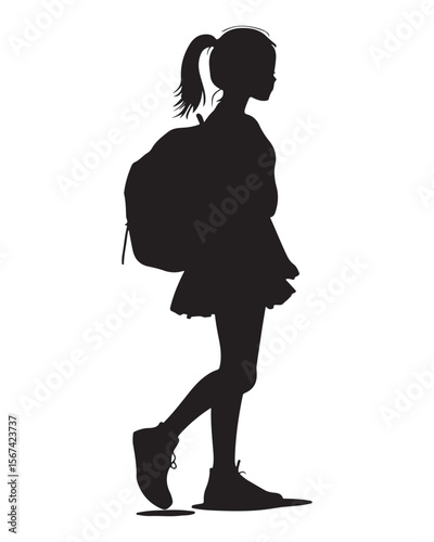 Isolated silhouette of a girl with school backpack going to school, Girl student silhouette isolated on white background, Kids graduate symbol, Education in back to school vector illustration