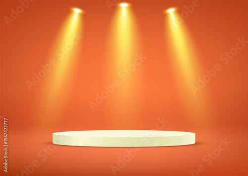 Orange background vector 3d with beige podium space for selling products, backdrop, wallpaper, background, text. Empty room with light effect. Vector illustration.