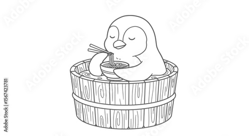 Flat vector of a penguin eating noodles in a hot tub