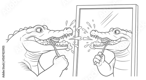Outline vector of a crocodile looking into mirror while brushing its teeth with foam flying