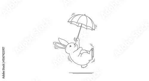 Funny outline vector of a rabbit floating through clouds using an umbrella, absurd and clean design