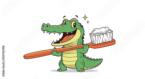 Funny flat vector of a crocodile brushing sharp teeth with a giant colorful toothbrush
