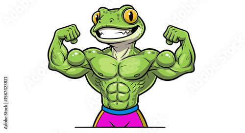 Cartoon vector of a gecko bodybuilder flexing muscles at gym