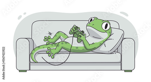 Flat cartoon outline vector of a turtle sitting on a couch playing video games